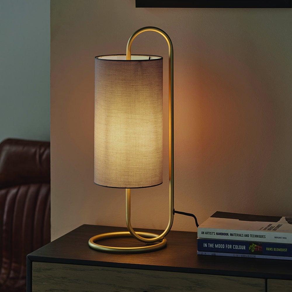 Klip Oval Table Lamp in Antique Brass C/W Grey Shade
