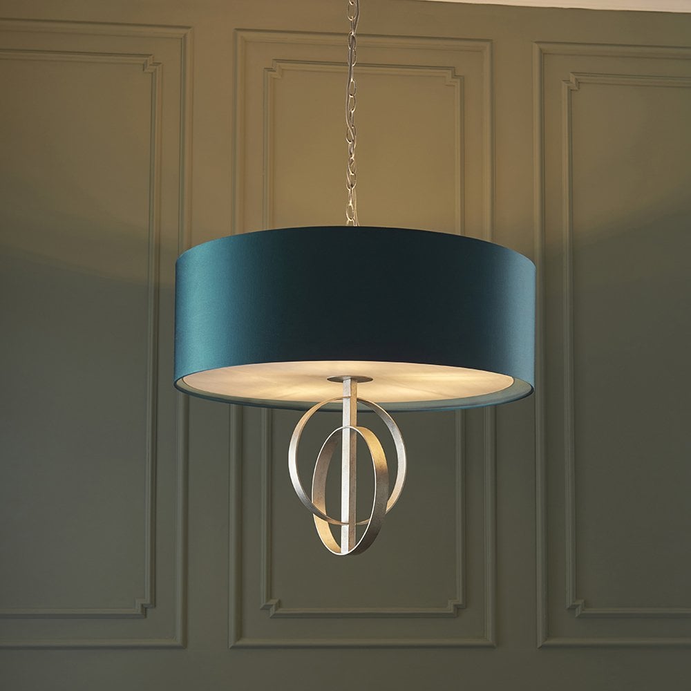 5 Light Silver Leaf Pendant C/W Teal Shade