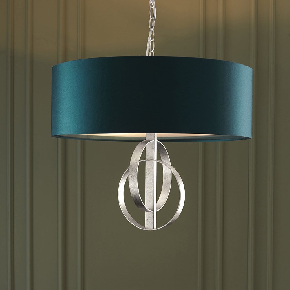 3 Light Silver Leaf Pendant C/W Teal Shade