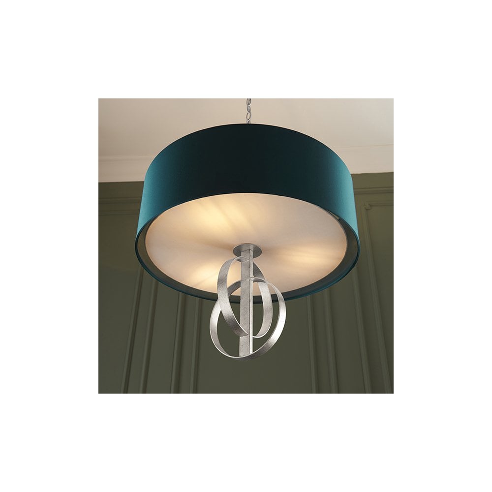 3 Light Silver Leaf Pendant C/W Teal Shade