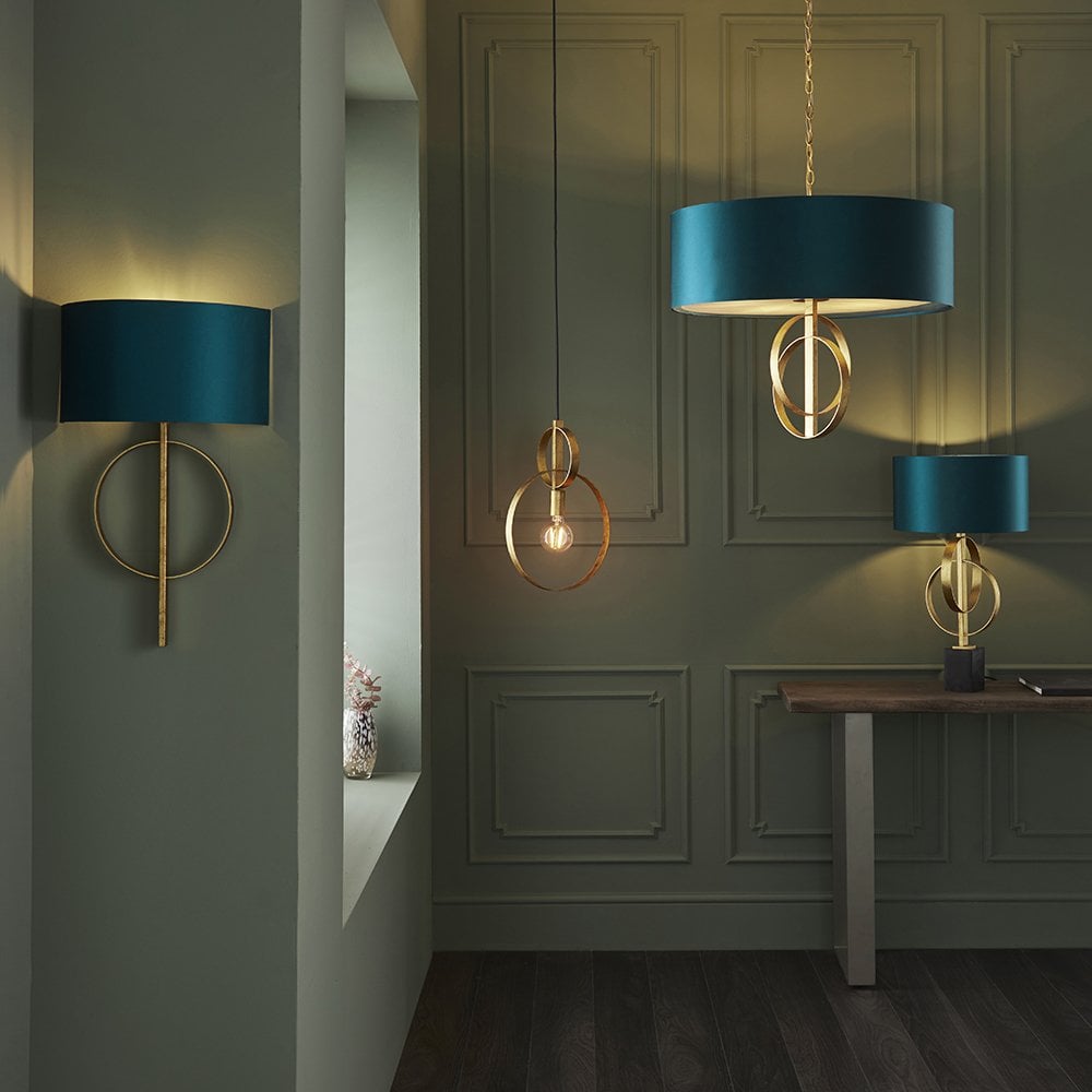 5 Light Gold Leaf Pendant C/W Teal Shade