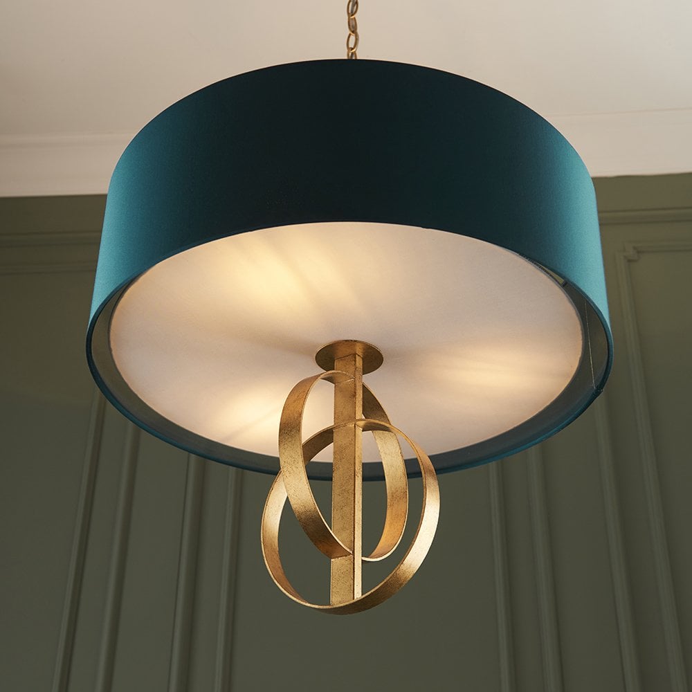 3 Light Gold Leaf Pendant C/W Teal Shade