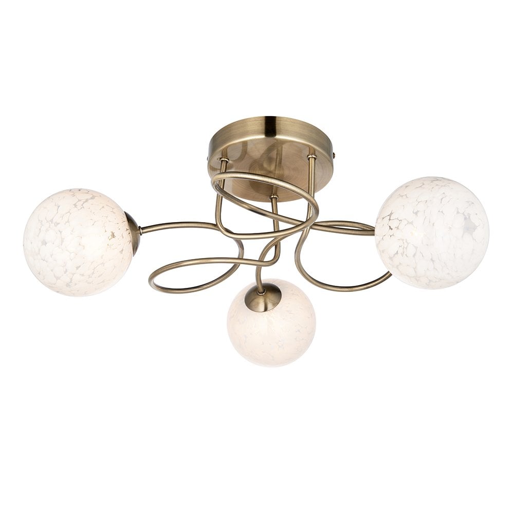 Delos Antique Brass Semi Flush Fitting with Decorative Glass Shades