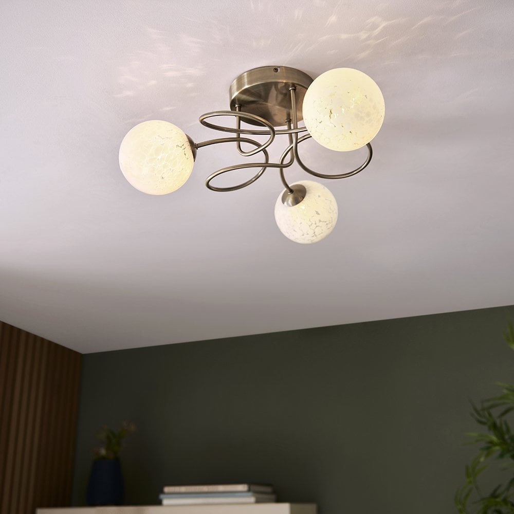 Delos Antique Brass Semi Flush Fitting with Decorative Glass Shades