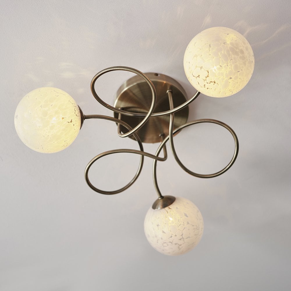 Delos Antique Brass Semi Flush Fitting with Decorative Glass Shades