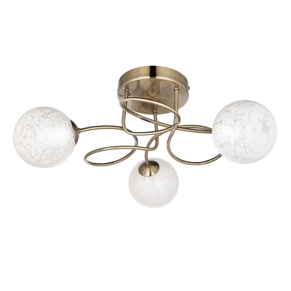 Delos Antique Brass Semi Flush Fitting with Decorative Glass Shades