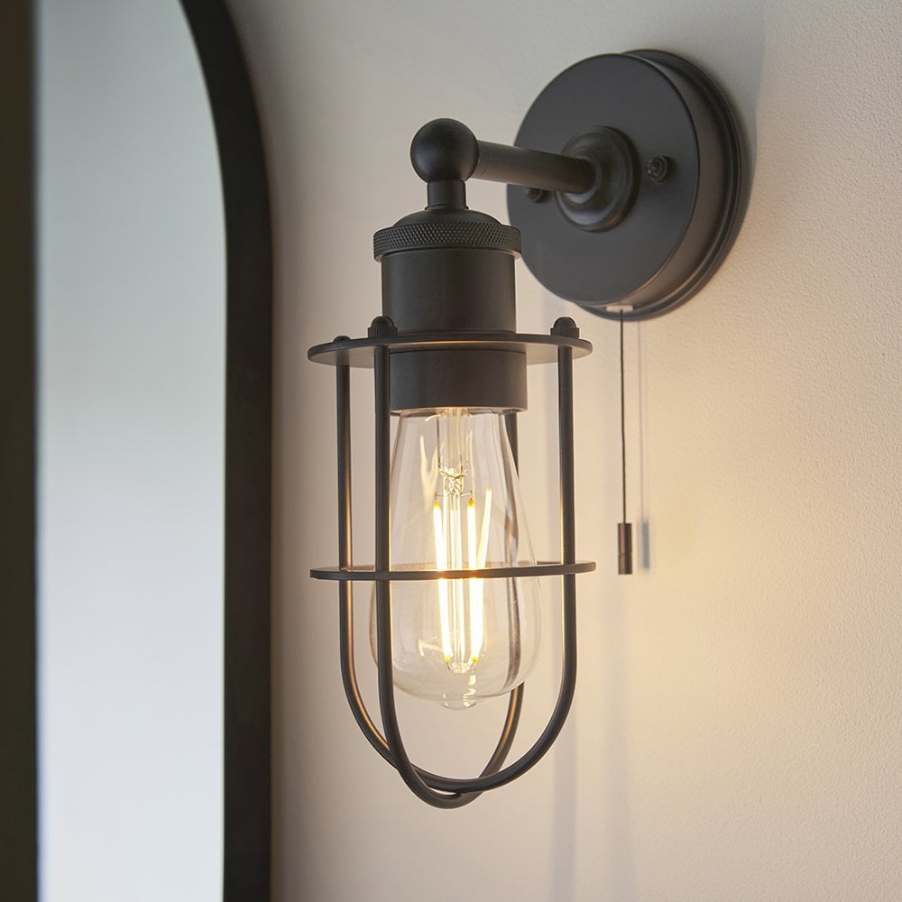 Crew Industrial Style Wall Light Caged in Black with Pull Switch