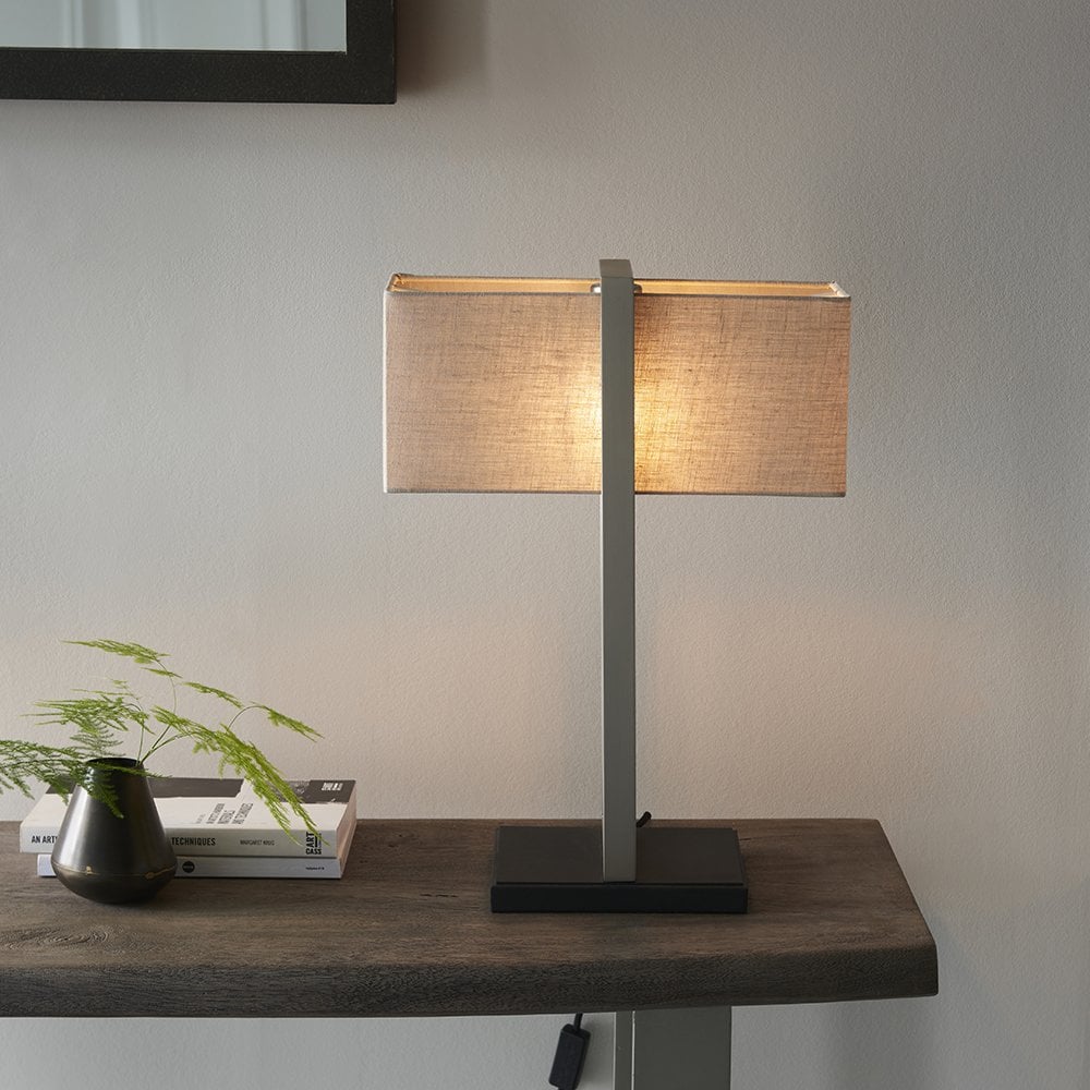Classic Table Lamp with Natural Shade in Satin Nickel