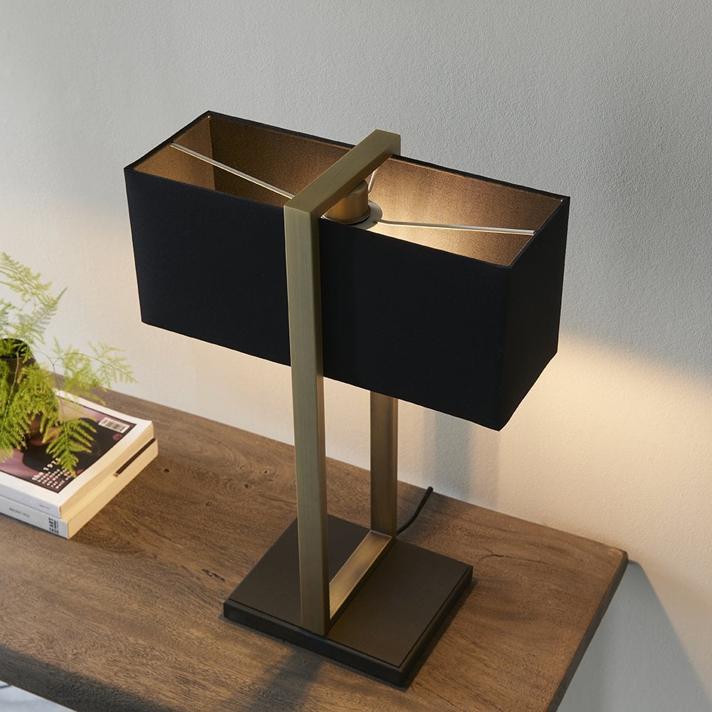 Classic Table Lamp with Black Shade in Antique Brass