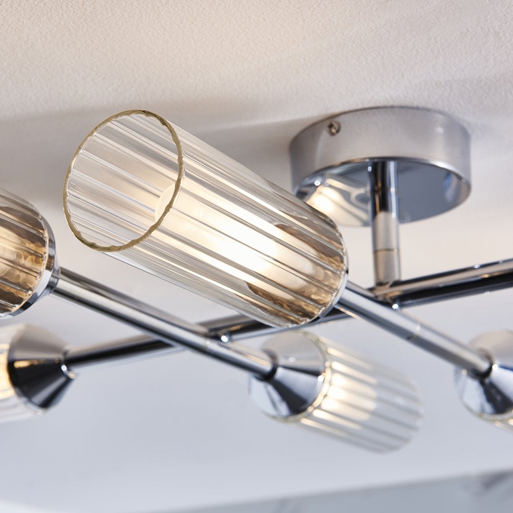 Natori Modern Semi Flush 6 Light in Chrome with Ribbed & Frosted Glass