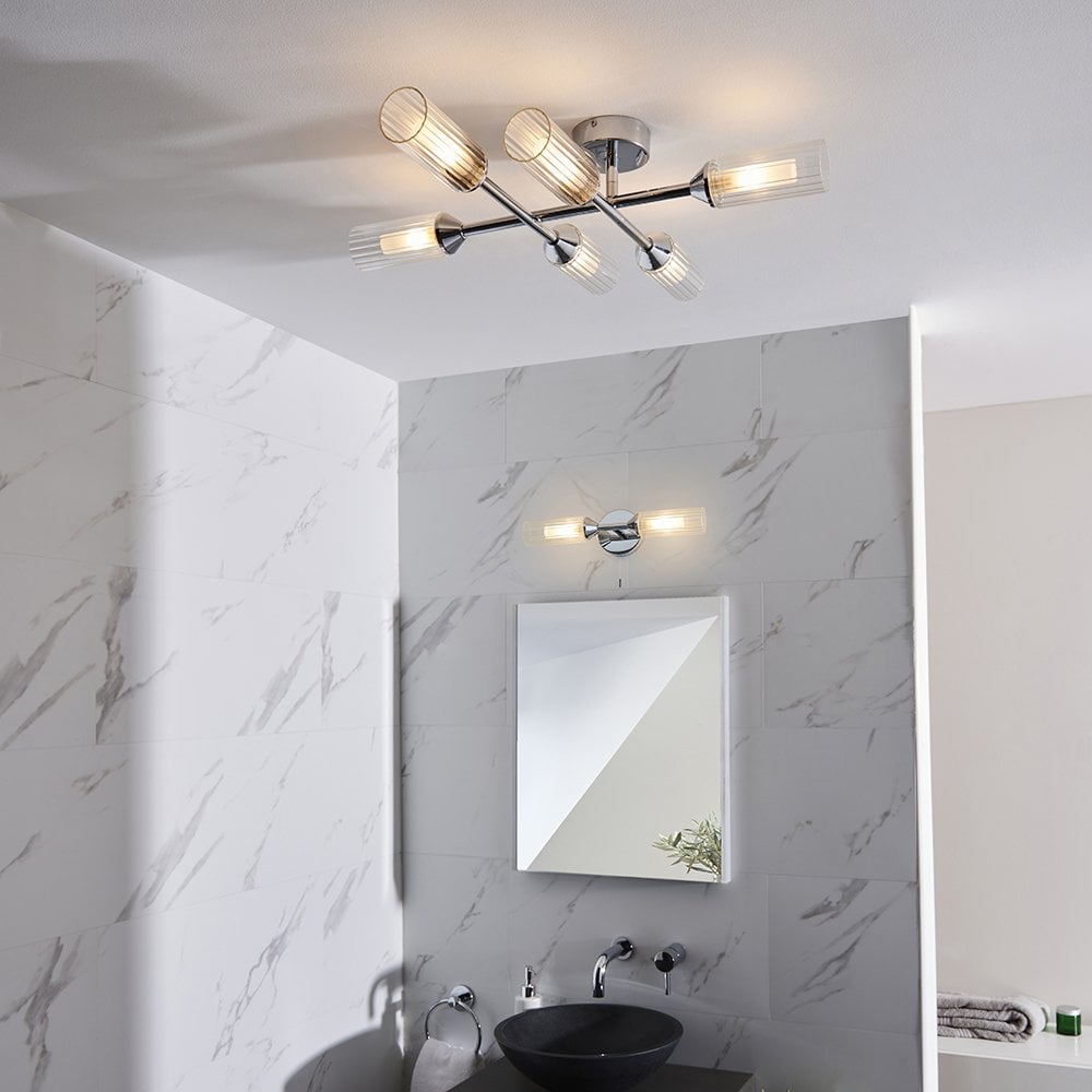 Natori Modern Semi Flush 6 Light in Chrome with Ribbed & Frosted Glass