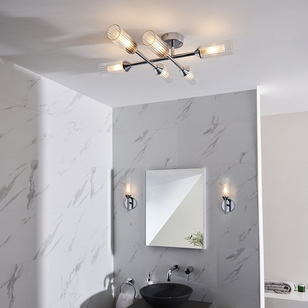 Natori Modern Semi Flush 6 Light in Chrome with Ribbed & Frosted Glass