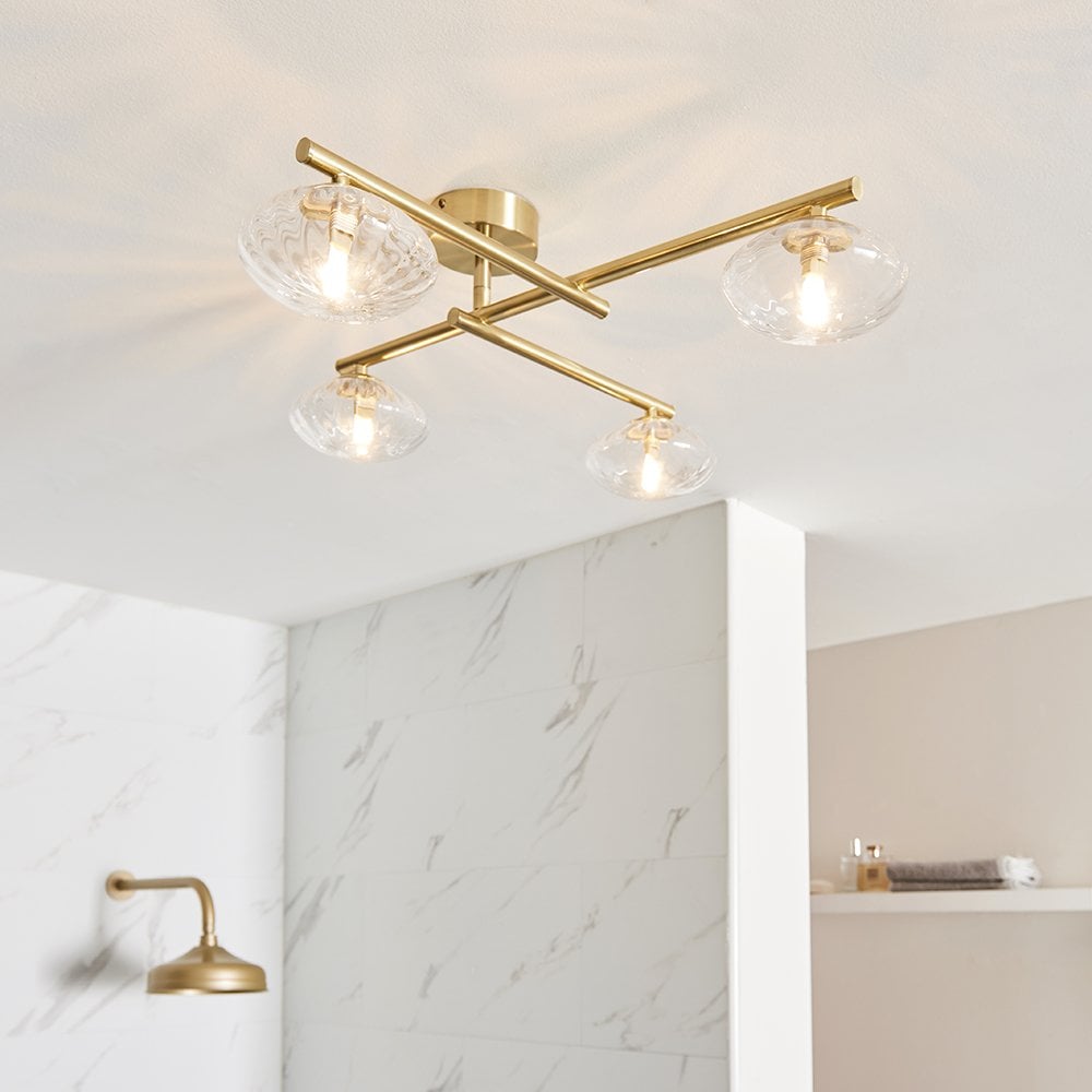 Andy 4 Light Semi Flush in Brass with Clear Ribbed Glass