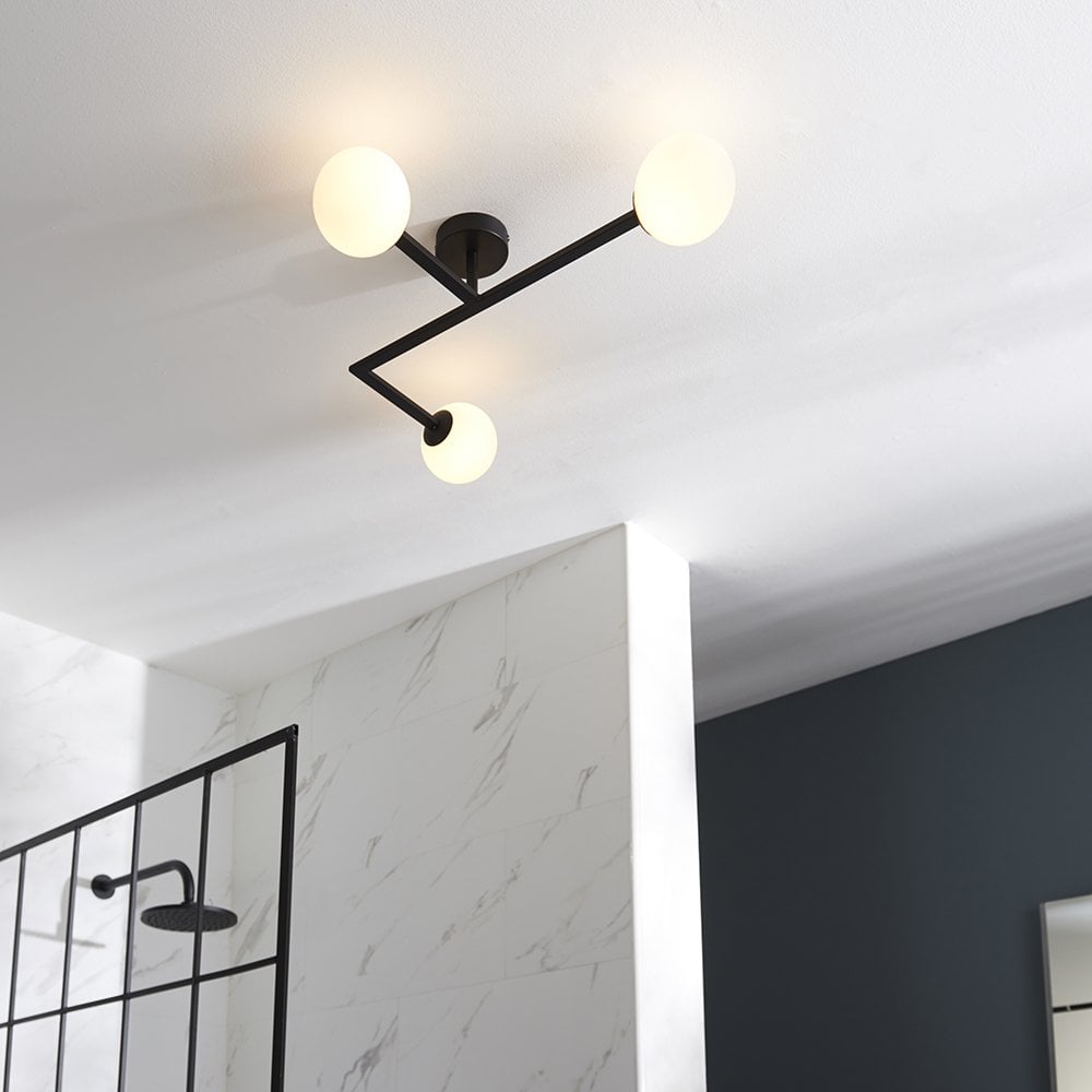 Stylish Angled Semi Flush Light in Matt Black with Opal Glass
