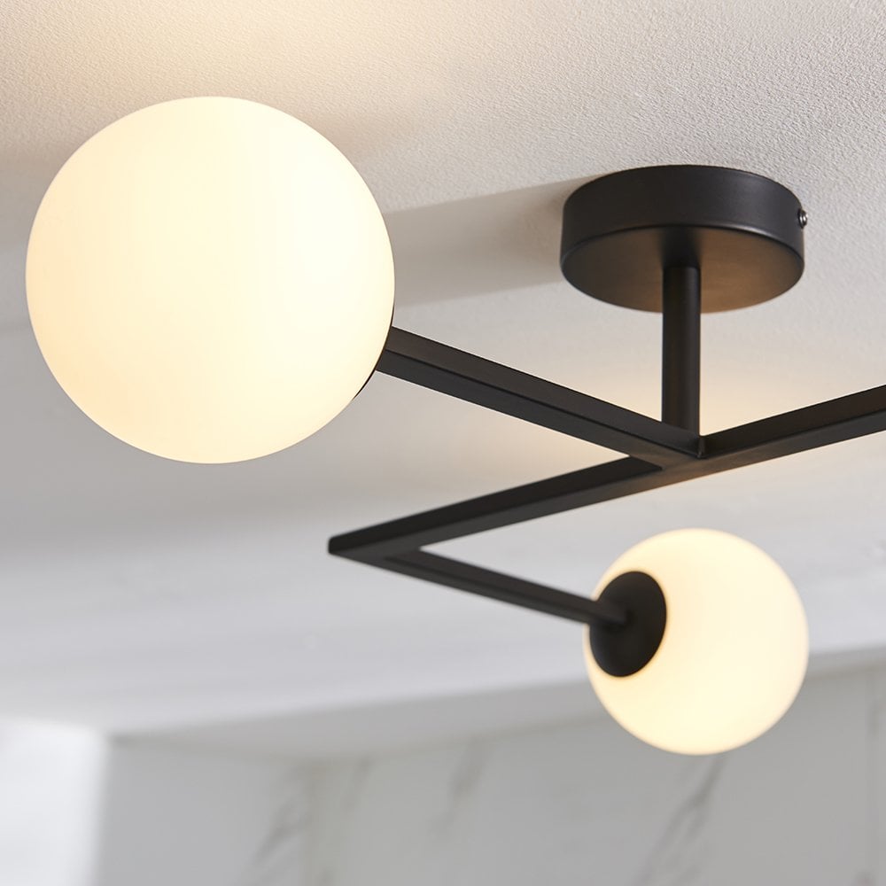 Stylish Angled Semi Flush Light in Matt Black with Opal Glass