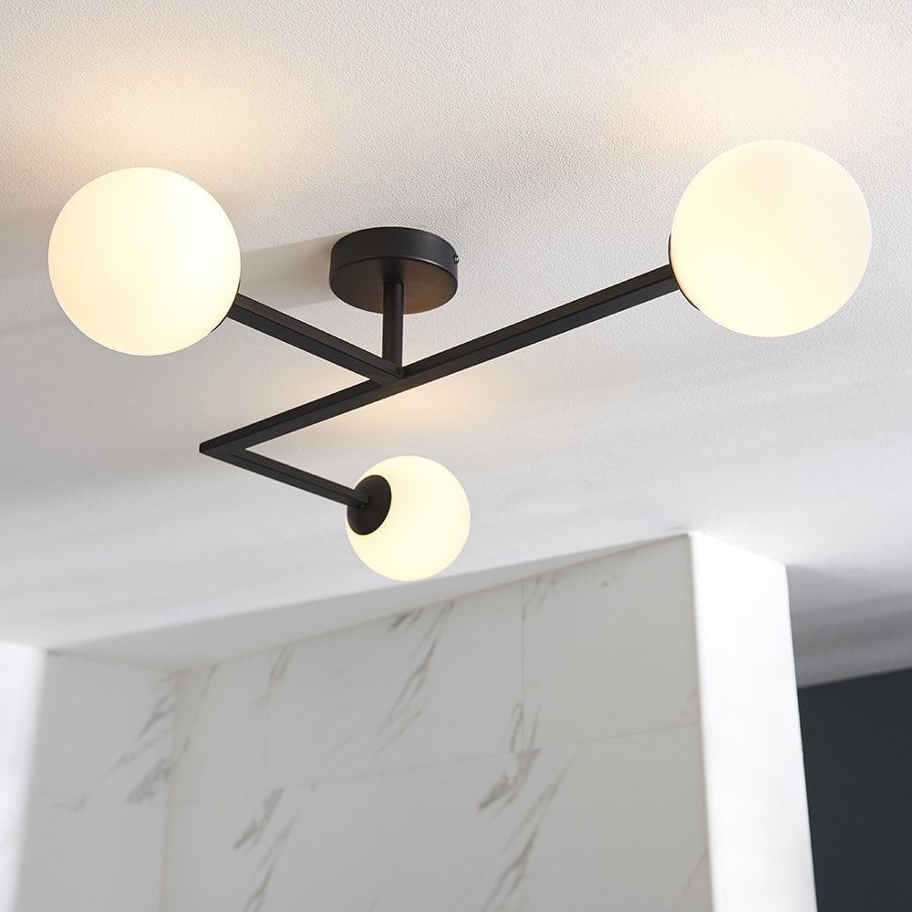 Stylish Angled Semi Flush Light in Matt Black with Opal Glass