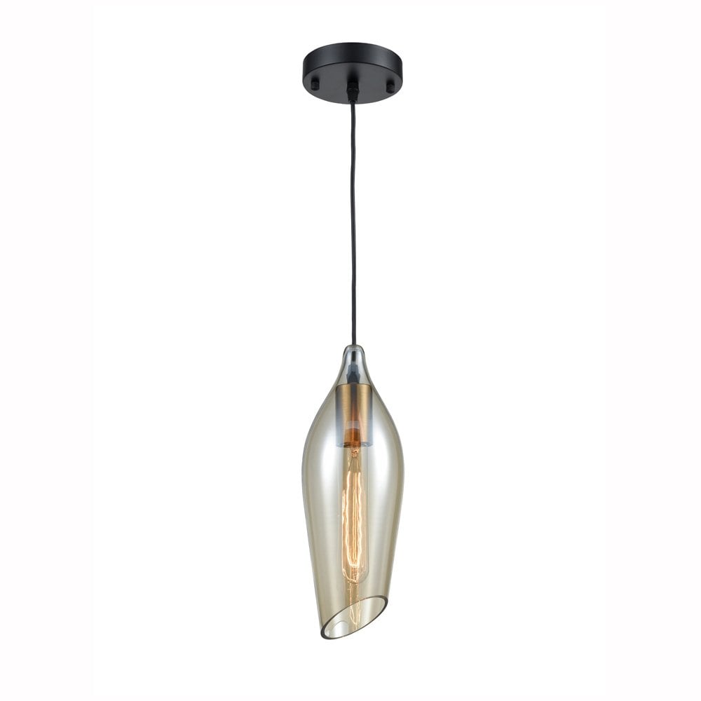Taper Pendant in Matt Black & Amber Glass Dia 145mm