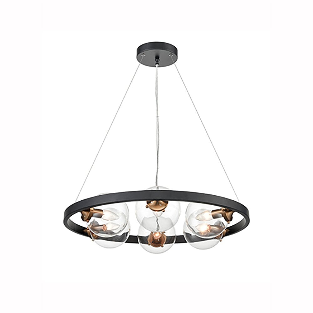 Roundell 6 Light Matt Black & Antique Gold Pendant Light