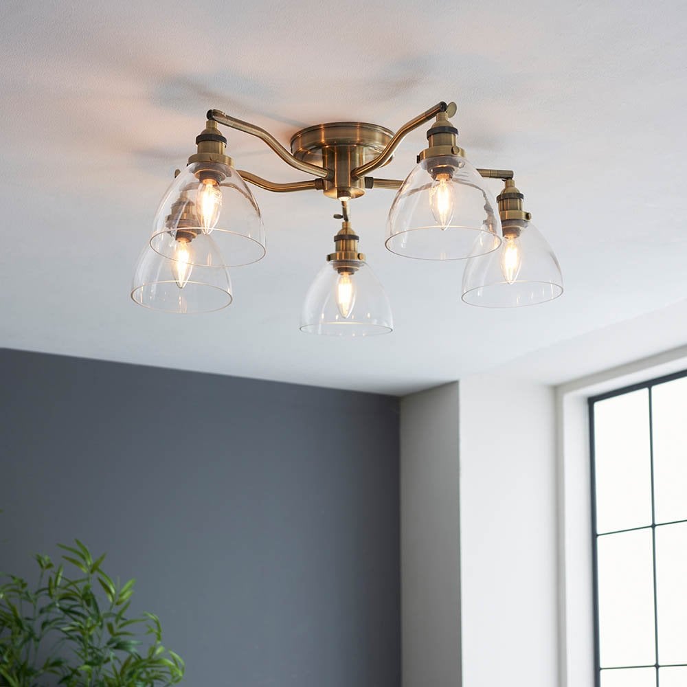 Hansen 5 Light Semi Flush Fitting in Antique Brass