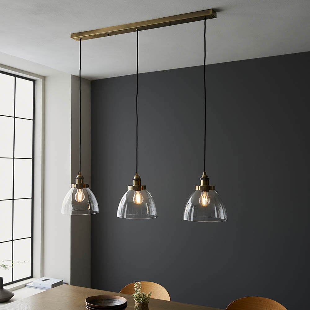 Hansen 3 Light Bar Pendant in Antique Brass & Glass