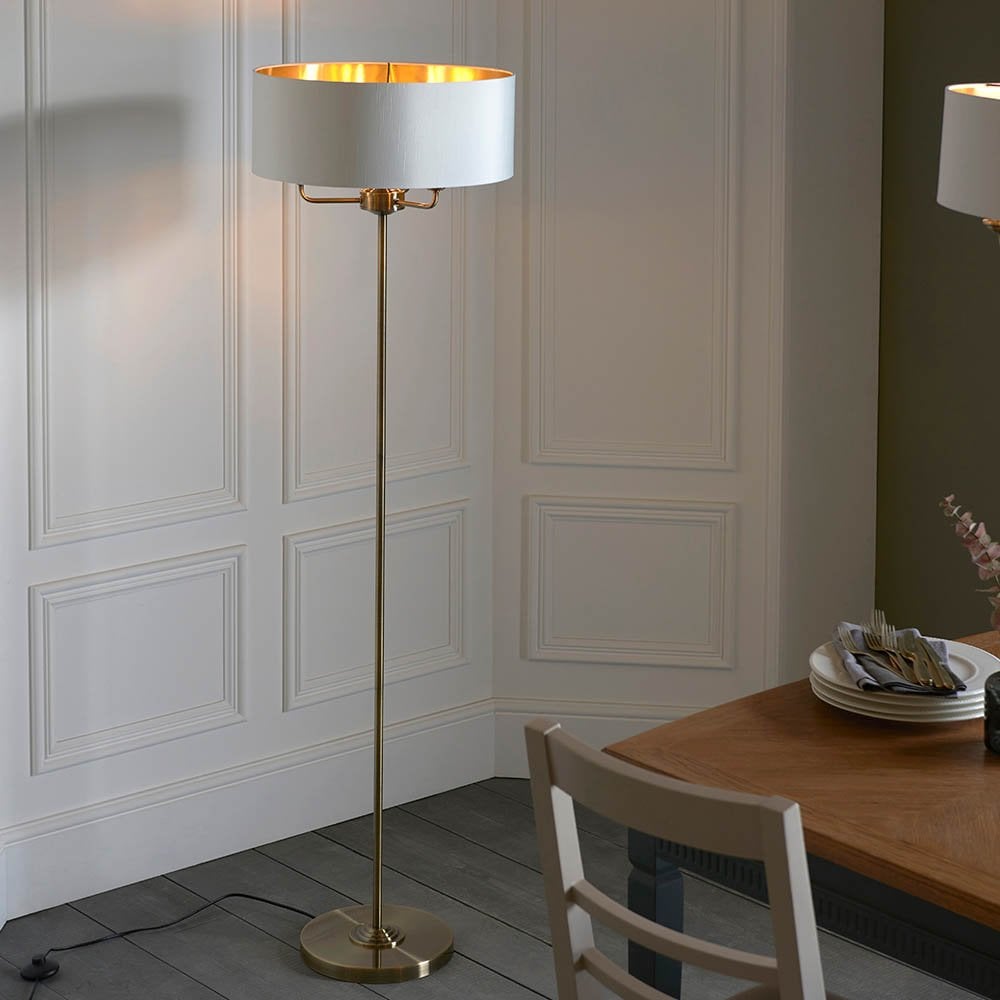 Highclere 3 Light Floor Lamp in Antique Brass C/W White Shade & Gold Inner