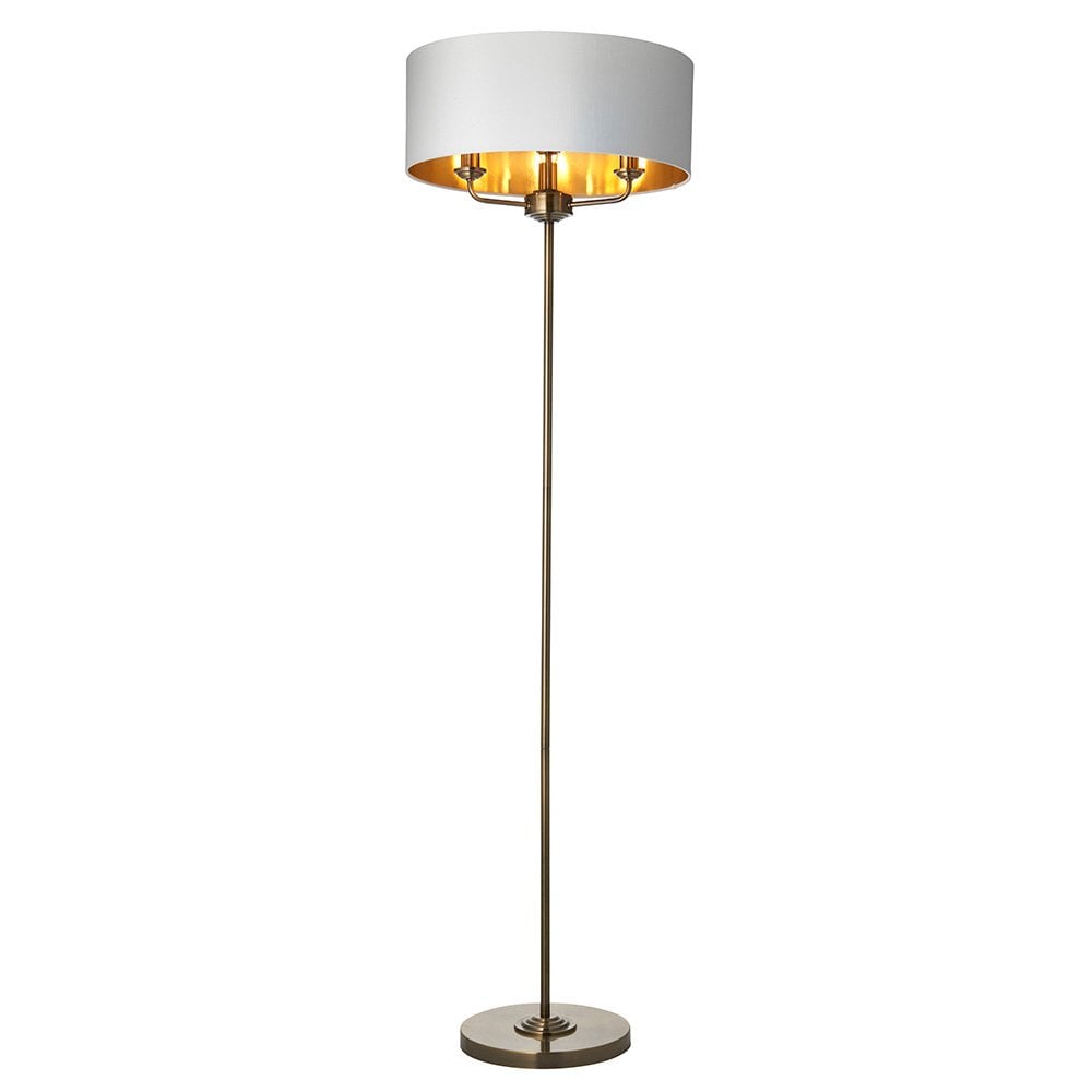 Highclere 3 Light Floor Lamp in Antique Brass C/W White Shade & Gold Inner