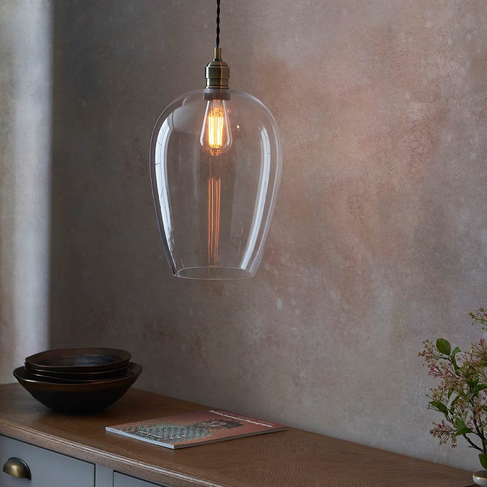Large Antique Brass & Clear Glass Pendant