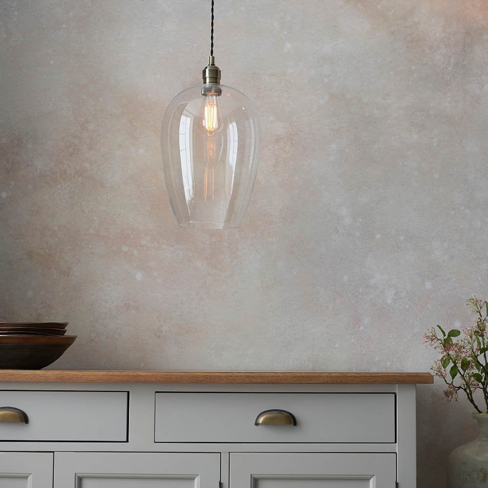 Large Antique Brass & Clear Glass Pendant