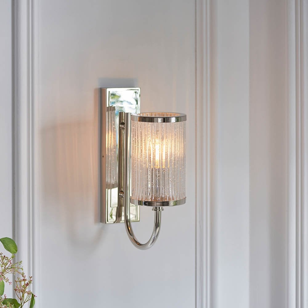 Henbury Bright Nickel Wall Light with Ribbed Glass