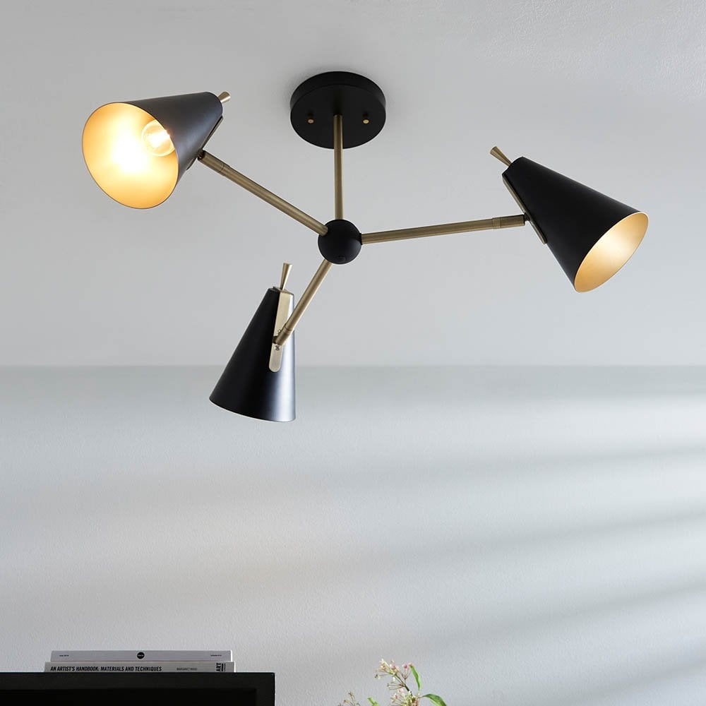 Matt Antique Gold & Matt Black 3 Light Semi Flush