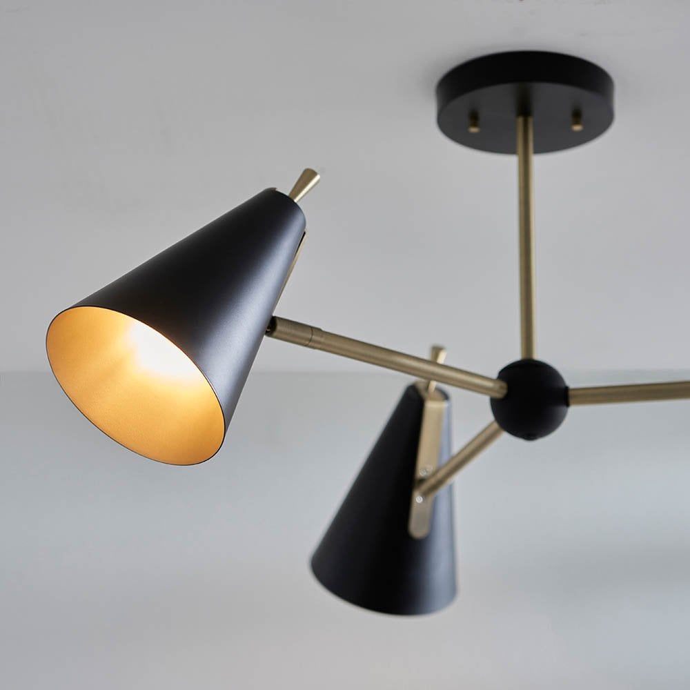 Matt Antique Gold & Matt Black 3 Light Semi Flush