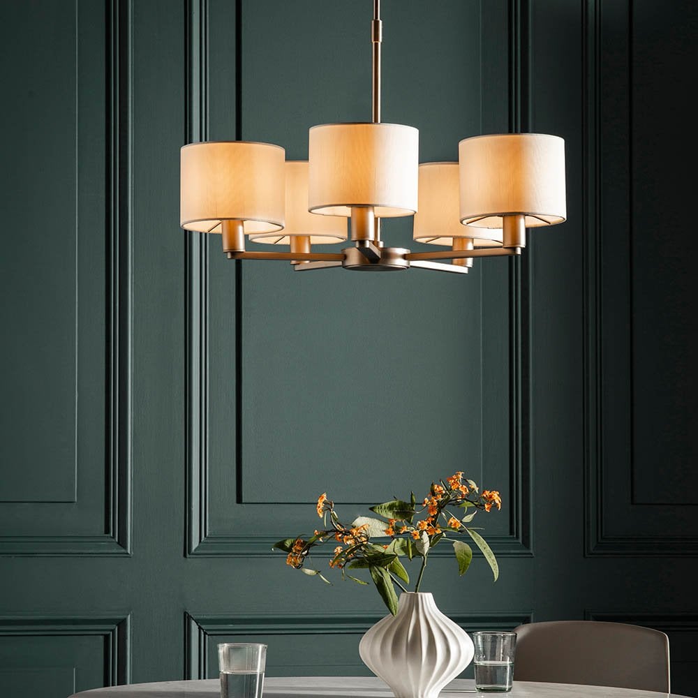 Daley 5 Light Multi Lighti Arm Pendant in Nickel C/W White Shades