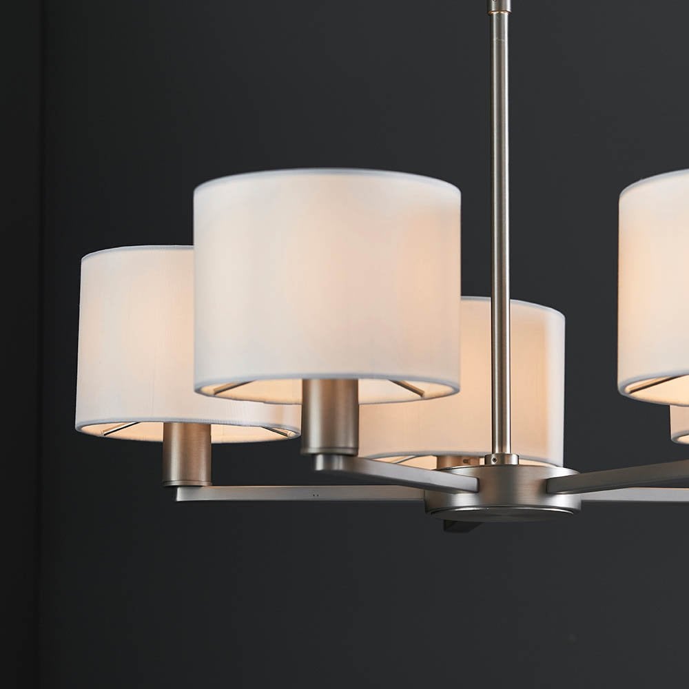 Daley 5 Light Multi Lighti Arm Pendant in Nickel C/W White Shades