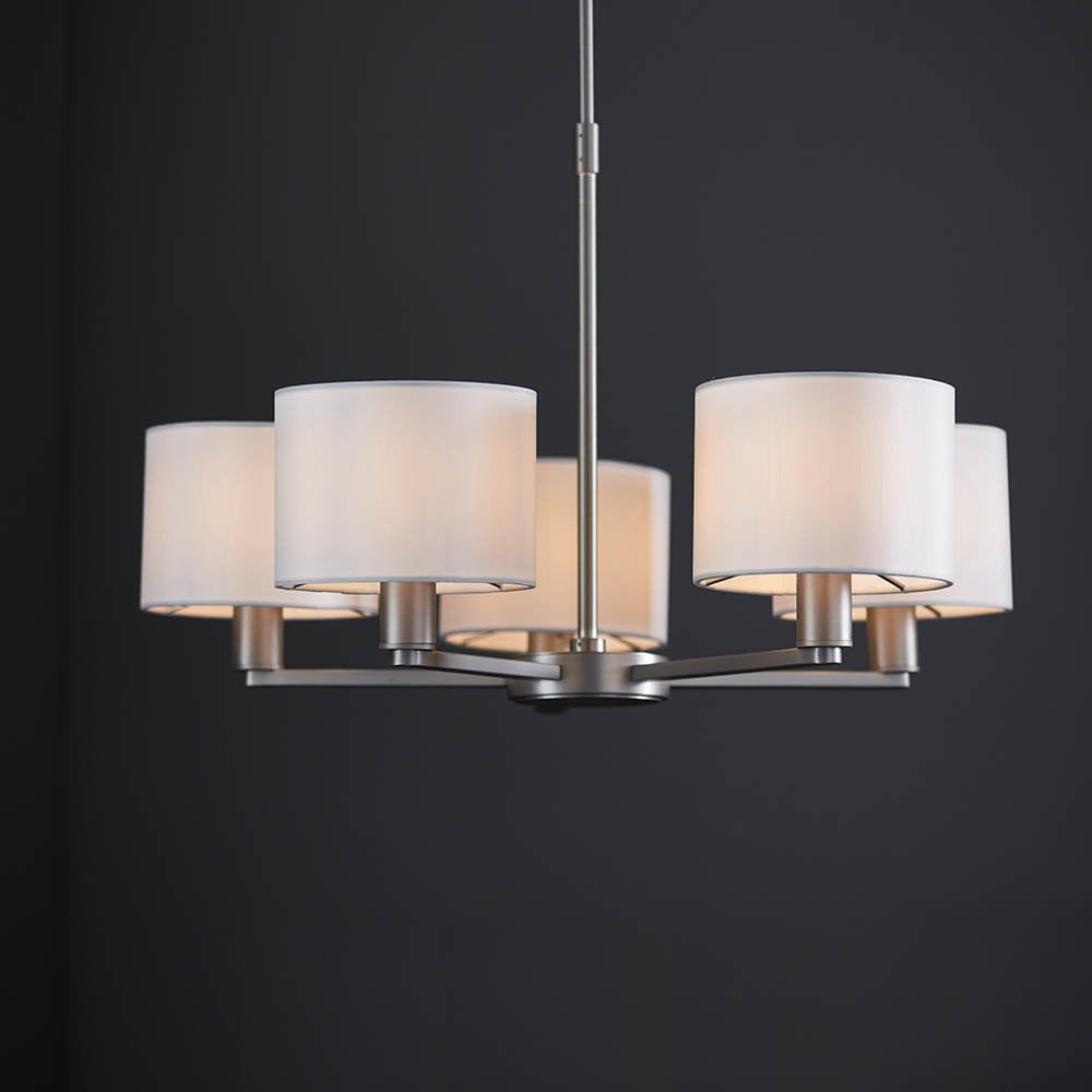 Daley 5 Light Multi Lighti Arm Pendant in Nickel C/W White Shades