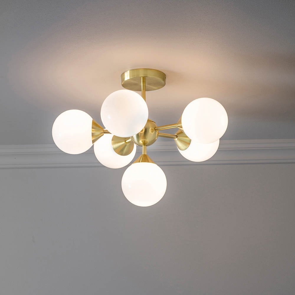 Oscar 6 Light Semi Flush in Brushed Brass with Gloss White Glass