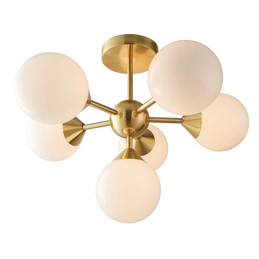 Oscar 6 Light Semi Flush in Brushed Brass with Gloss White Glass