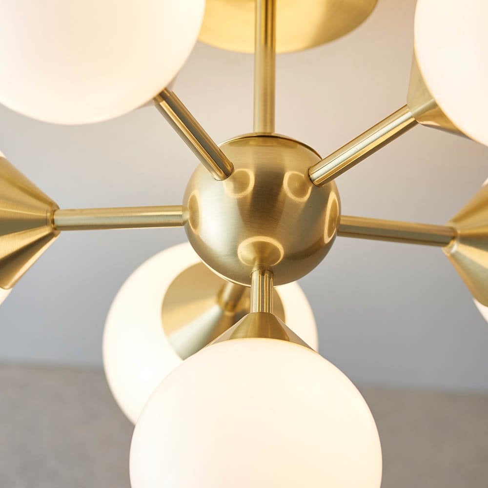Oscar 6 Light Semi Flush in Brushed Brass with Gloss White Glass