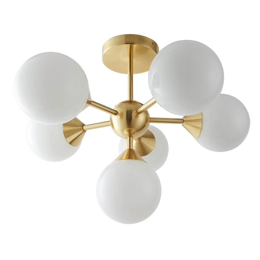 Oscar 6 Light Semi Flush in Brushed Brass with Gloss White Glass
