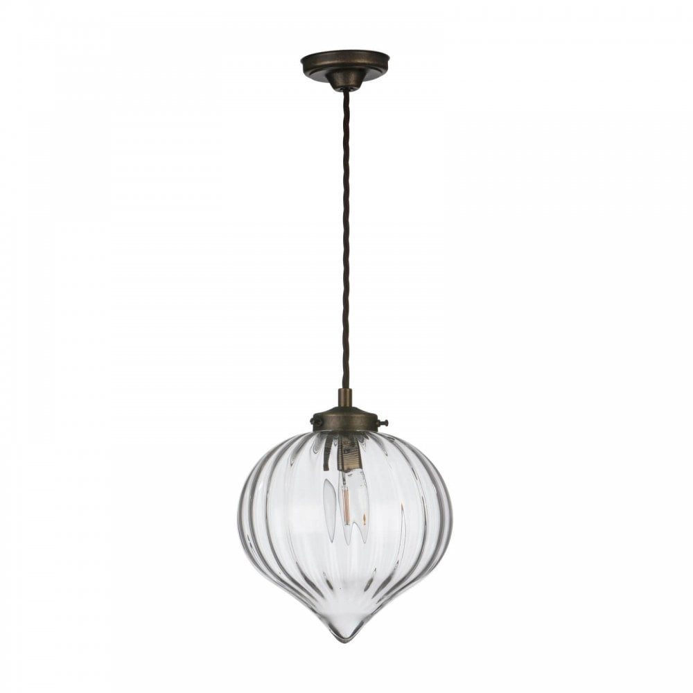 Holborn Antique Brass Pendant with Ribbed Glass