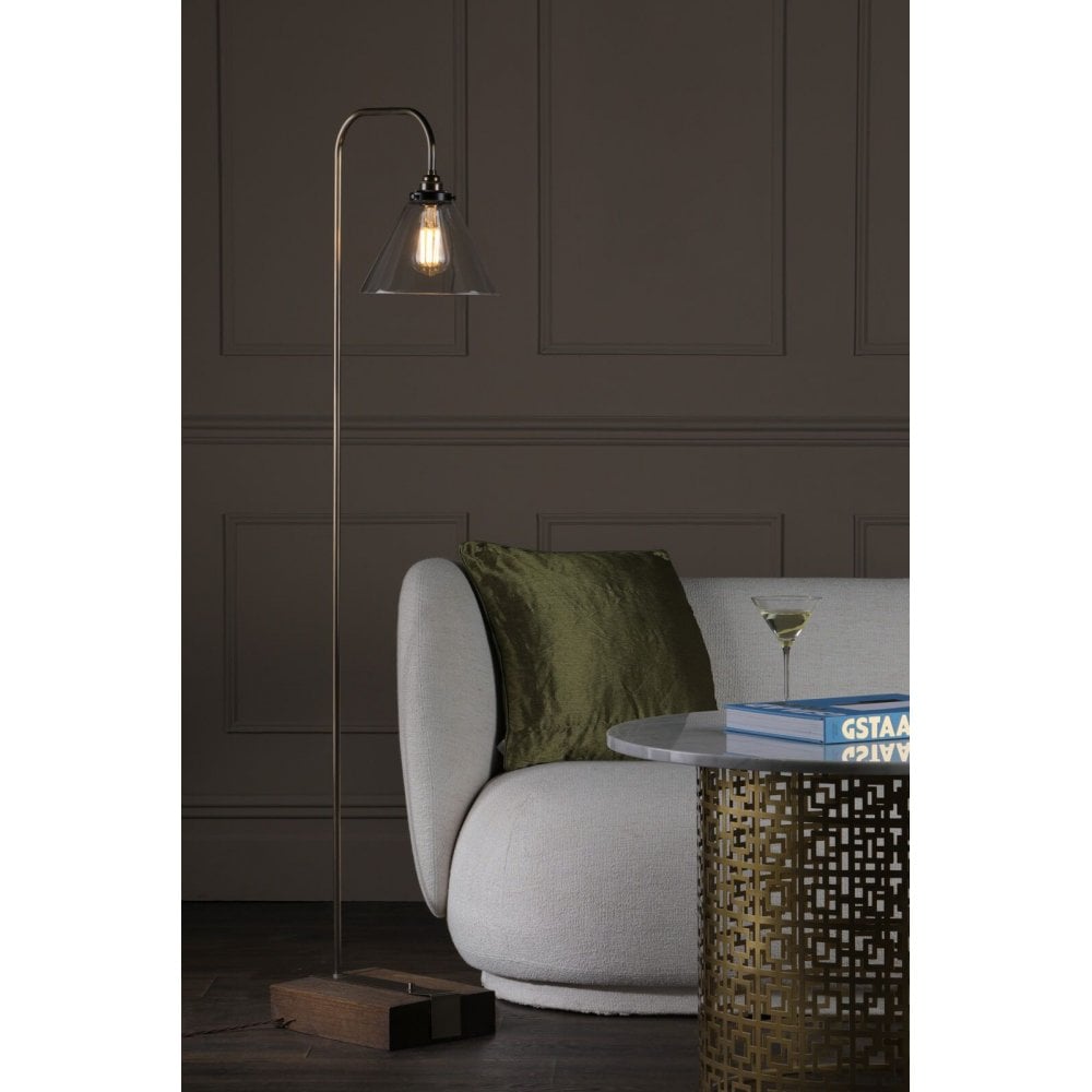 Aspen Wood Effect Floor Lamp with Glass Shade
