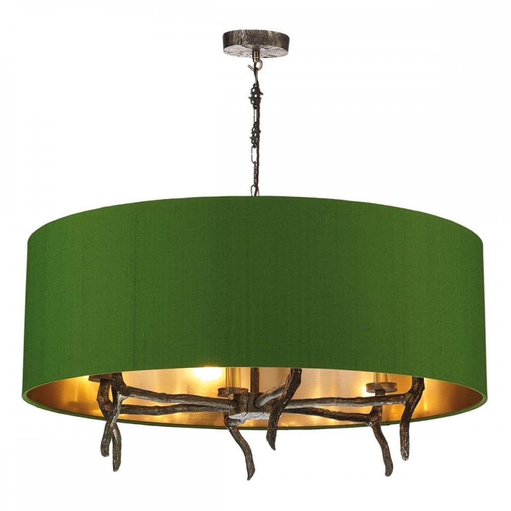Joshua 6 Light Shaded Bronze Pendant Taupe Silk Shade Bronze Lining