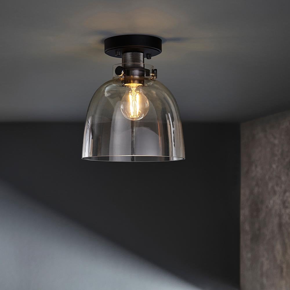 Urban Belle Flush Light in Matt Black & Grey Glass Shade