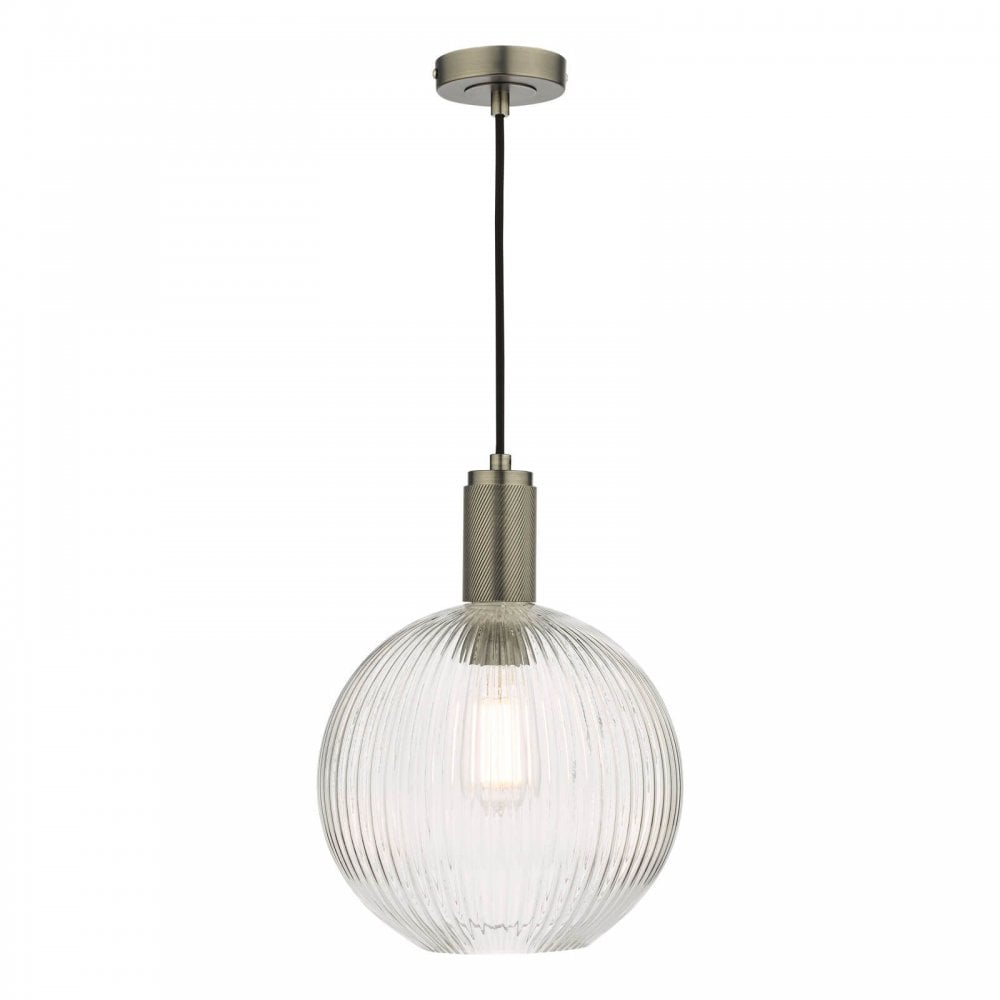 Nikolas Antique Chrome Pendant C/W Round Ribbed Glass Shade