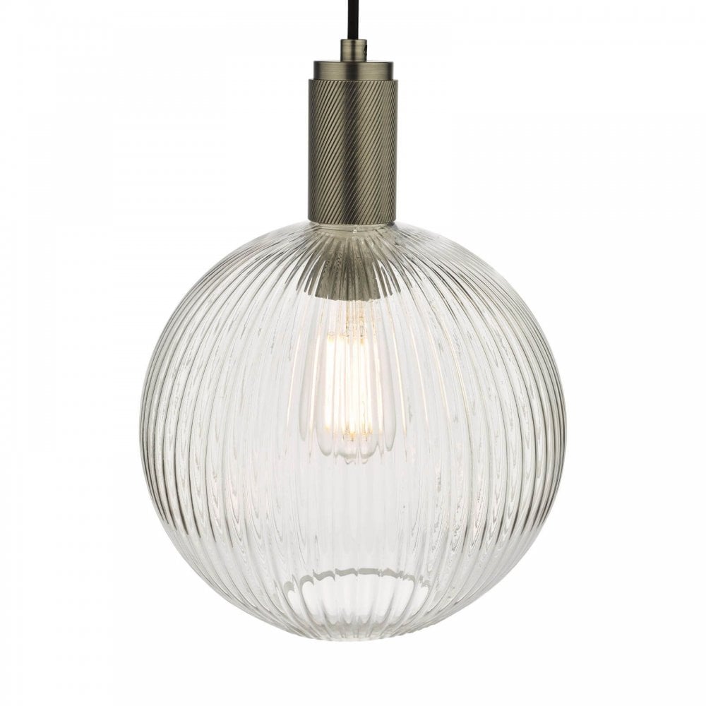 Nikolas Antique Chrome Pendant C/W Round Ribbed Glass Shade
