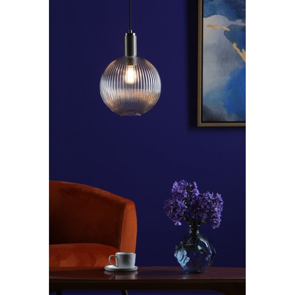 Nikolas Antique Chrome Pendant C/W Round Ribbed Glass Shade
