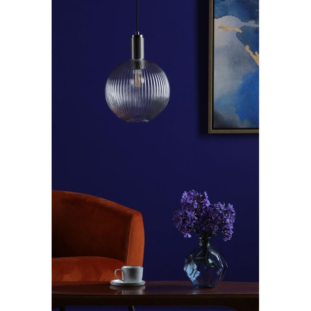 Nikolas Antique Chrome Pendant C/W Round Ribbed Glass Shade