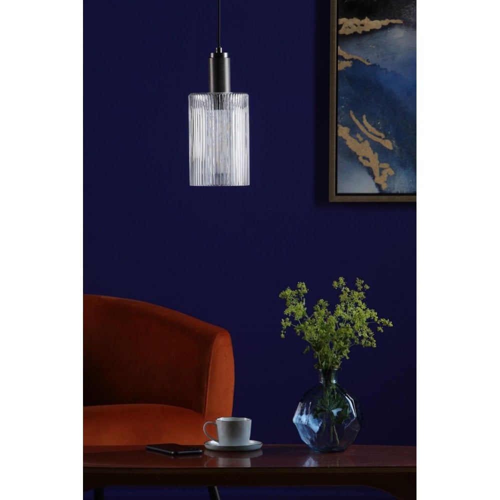 Nikolas Antique Chrome Pendant C/W Cylinder Ribbed Glass Shade
