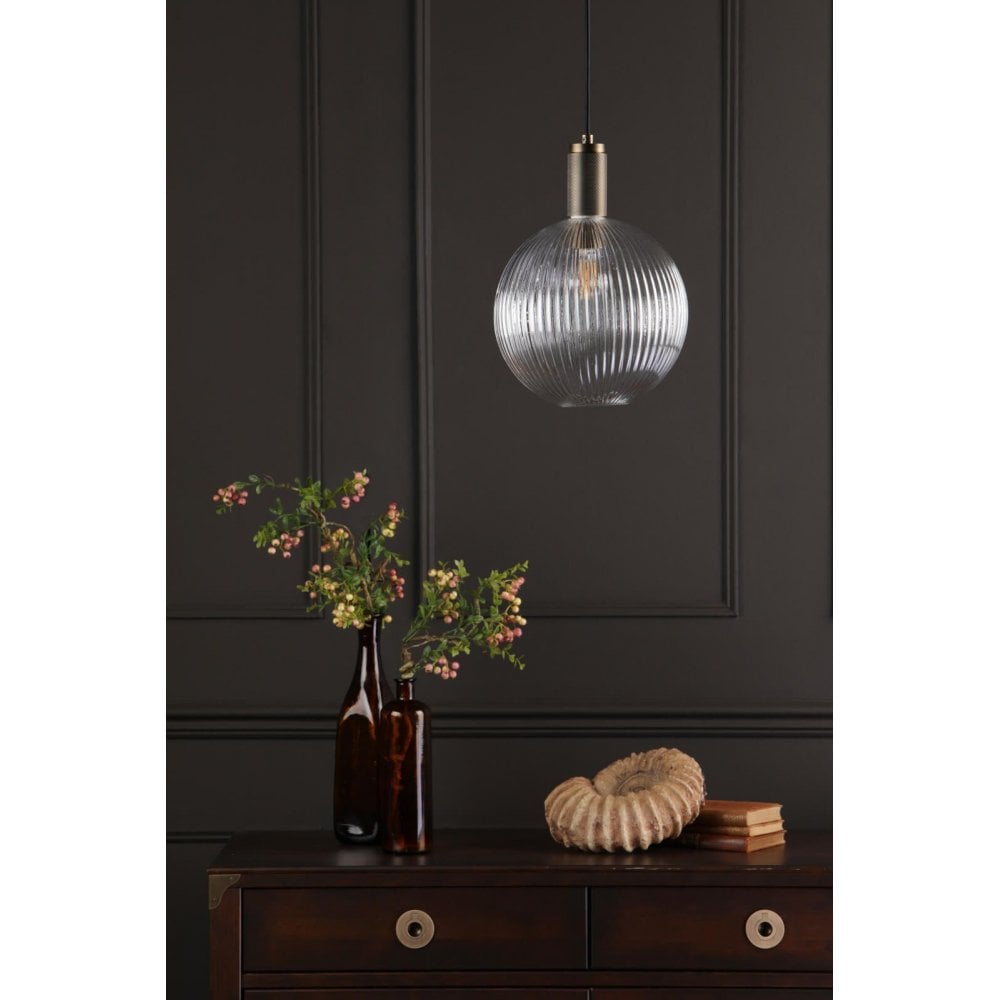 Nikolas Solid Brass Pendant C/W Round Ribbed Glass Shade
