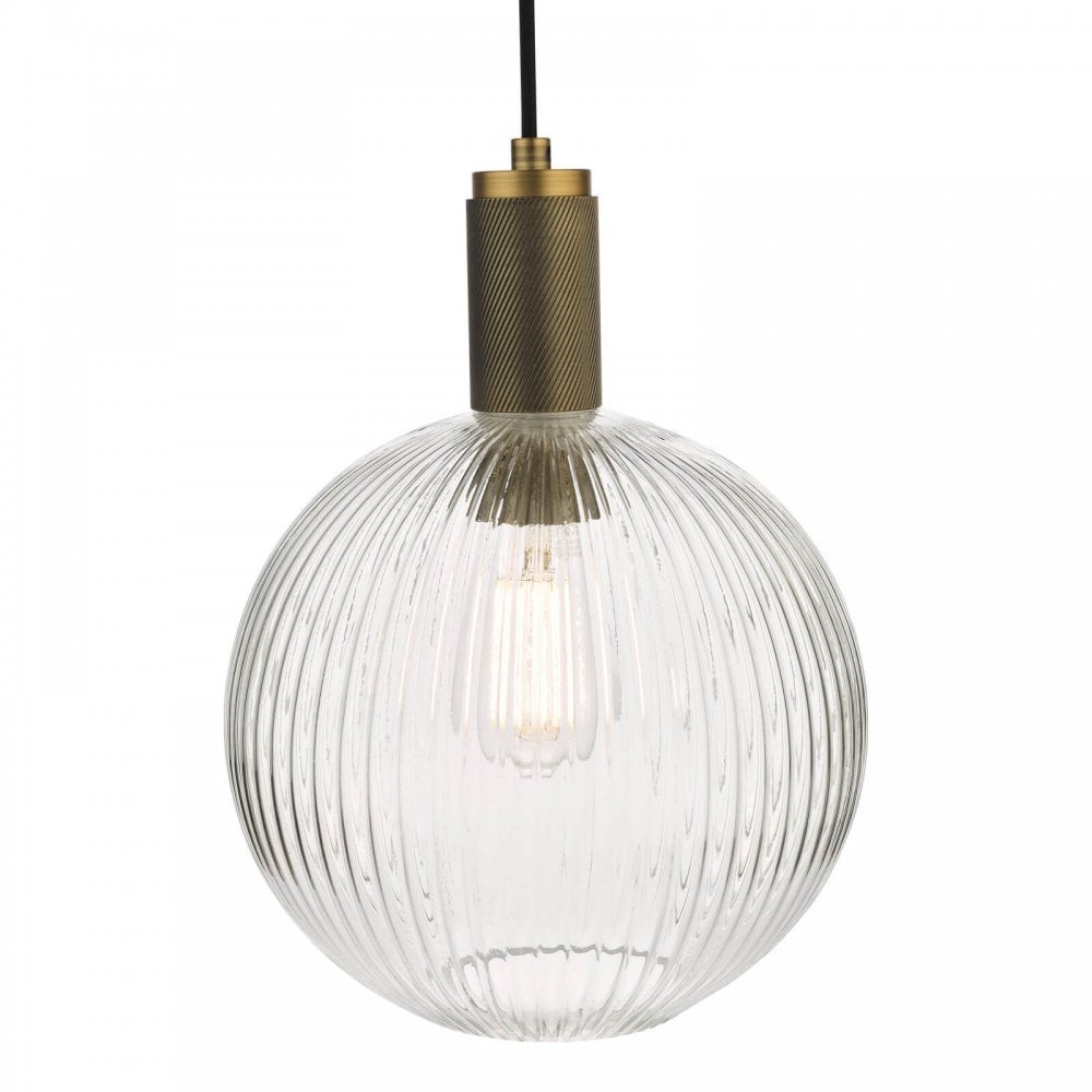 Nikolas Solid Brass Pendant C/W Round Ribbed Glass Shade