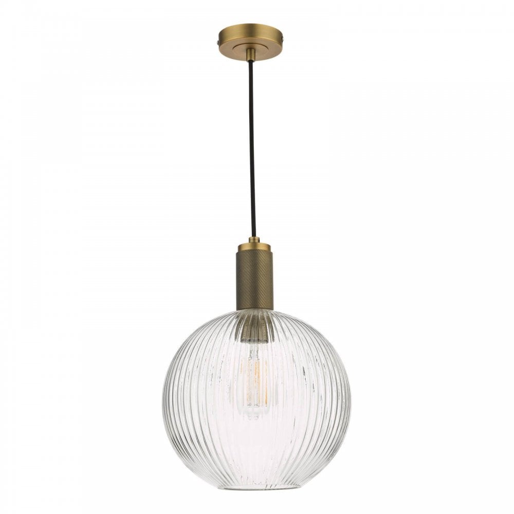 Nikolas Solid Brass Pendant C/W Round Ribbed Glass Shade